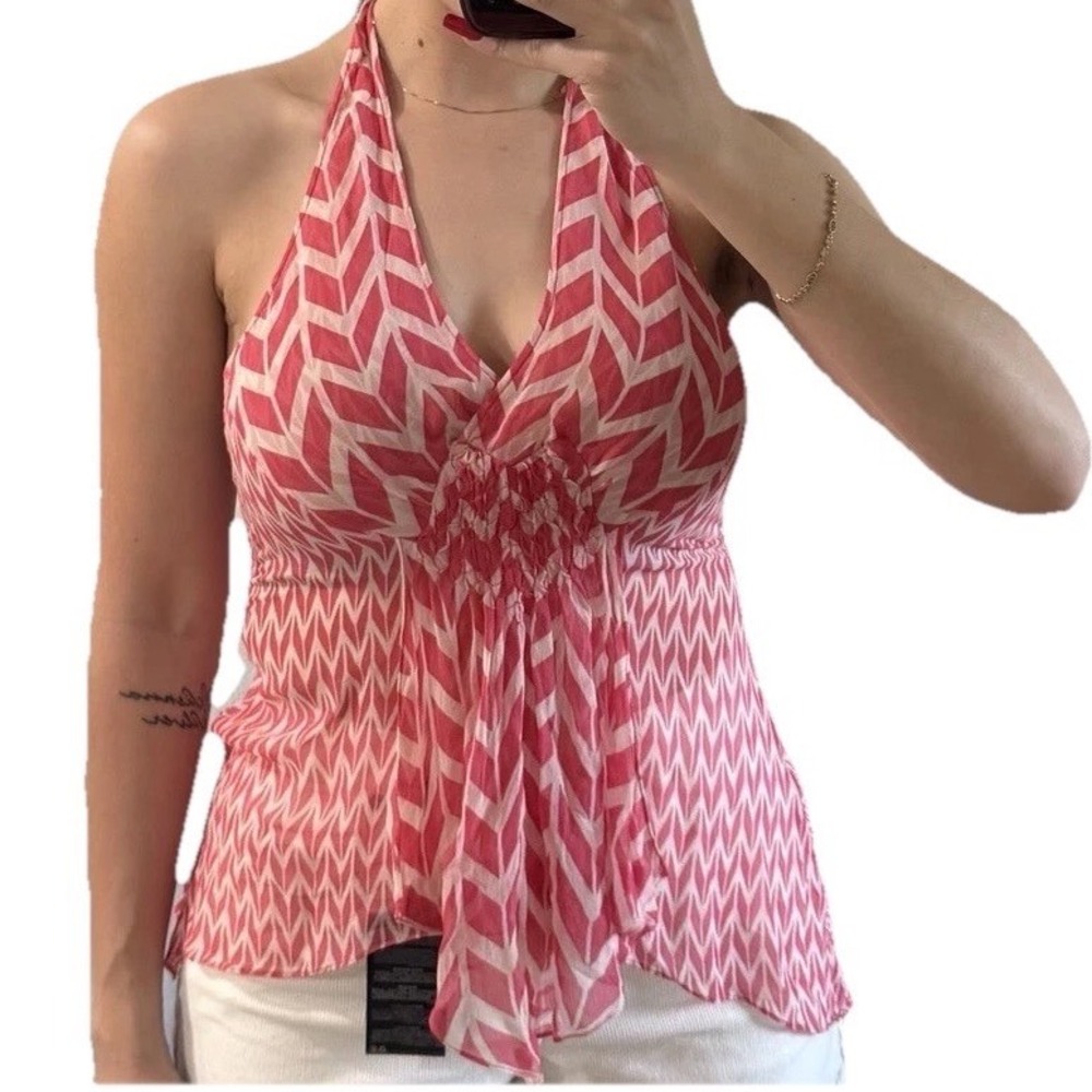 Max Azria Collection Pink White Silk Chevron Halter Top Handkerchief Hem S